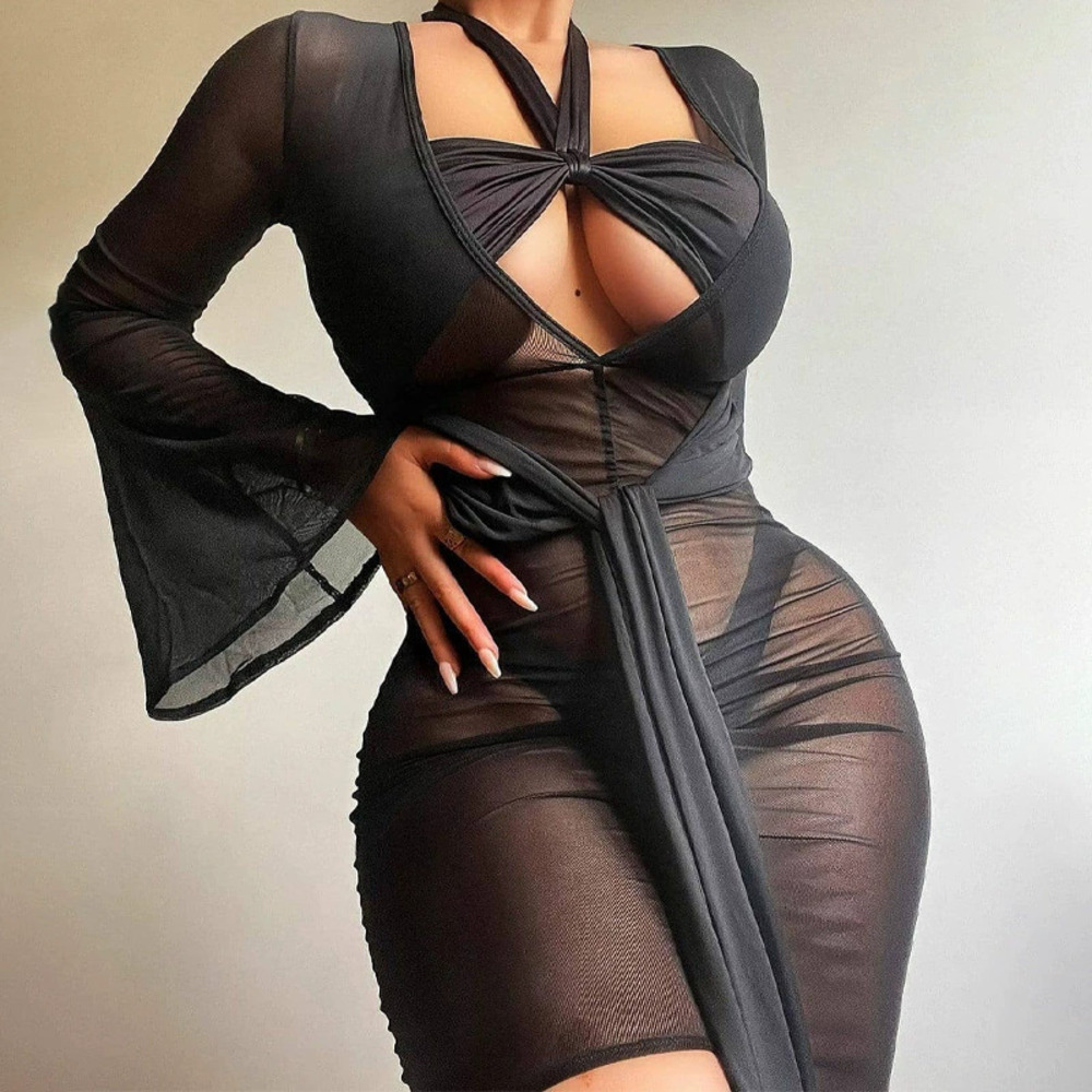 ZARA Solid Color Sheer Mesh Deep V Neck Beach Dress In Stock